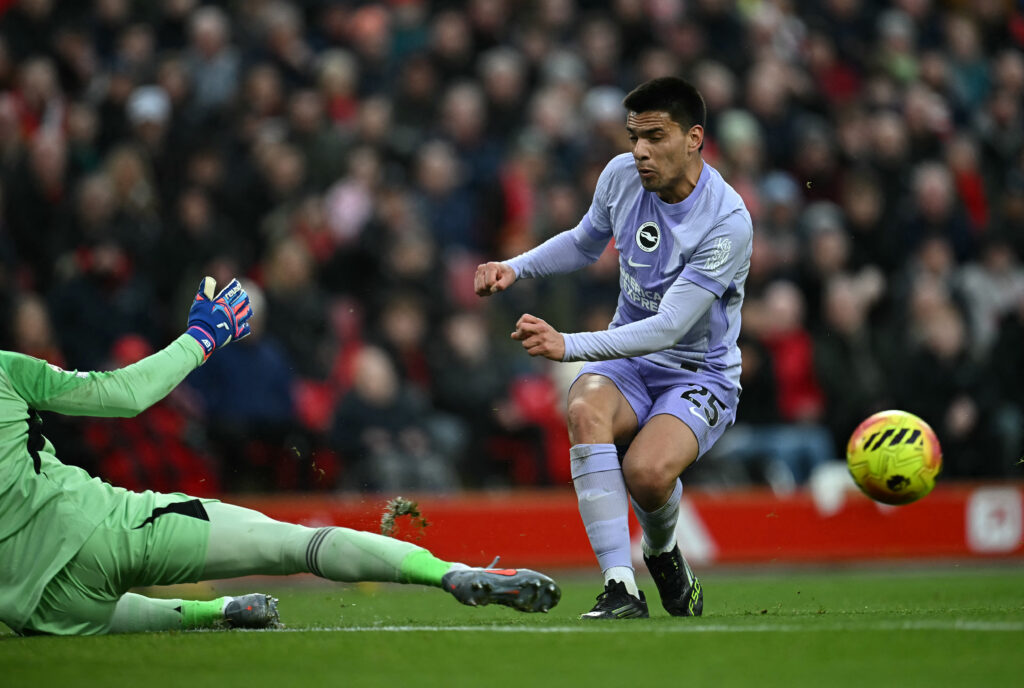 Diego Gomez has a shot saved by Alisson Becker during Liverpool vs Brighton in the Premier League at Anfield.