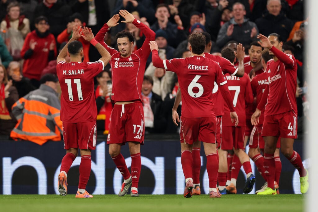 Liverpool players celebrate after Hugo Ekitike's goal during the Premier League win over Brighton at Anfield.