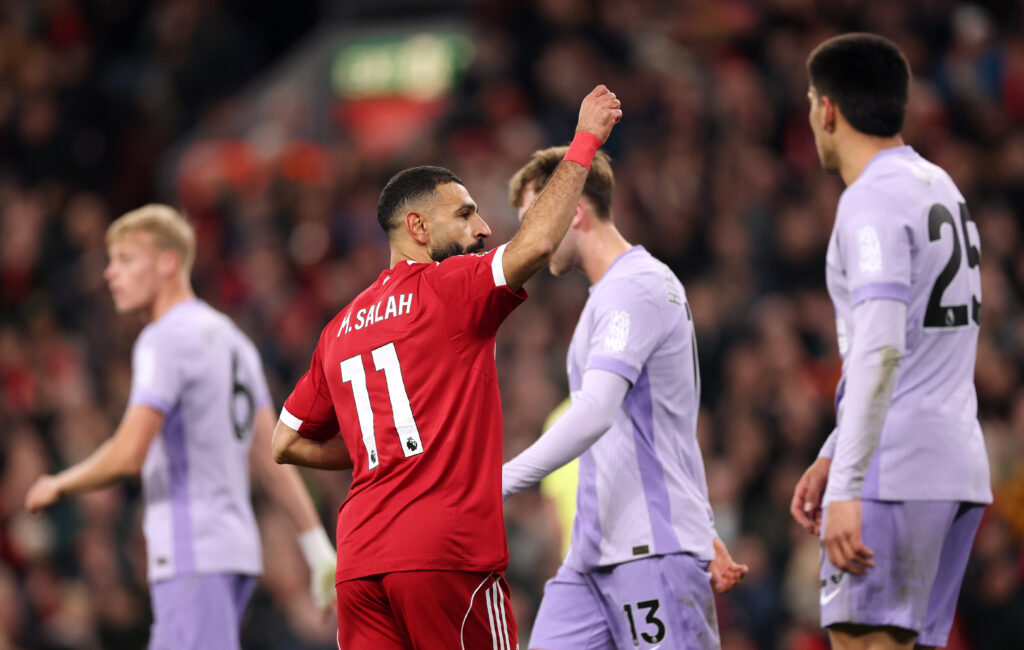 Mohamed Salah of Liverpool celebrates the assist after teammate Hugo Ekitike (not pictured) scored his team's second goal during the Premier League match between Liverpool and Brighton & Hove Albion at Anfield