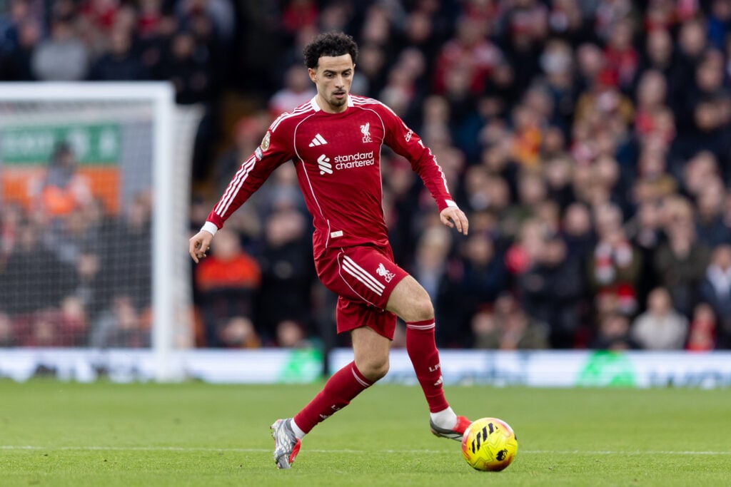 Curtis Jones on the ball during Liverpool's Premier League match against Brighton at Anfield.