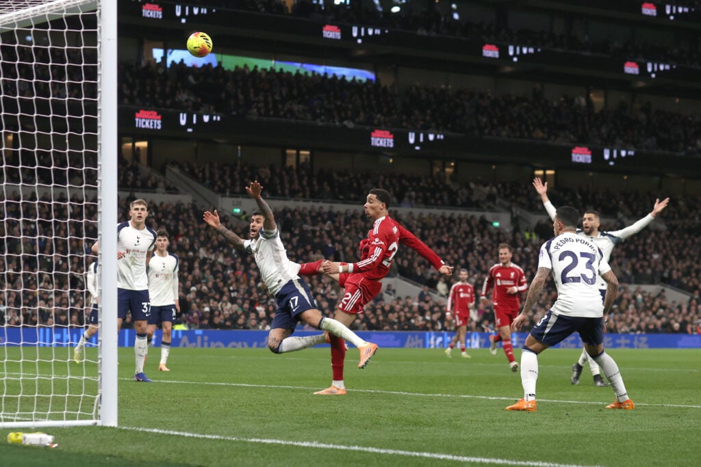 Hugo Ekitike scores for Liverpool during their Premier League match against Tottenham Hotspur at the Tottenham Hotspur Stadium