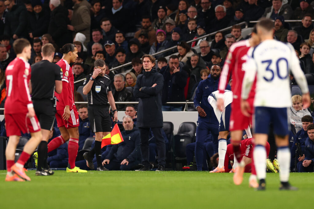 Tottenham manager Thomas Frank watches on during his team's Premier League match against Liverpool at the Tottenham Hotspur Stadium.