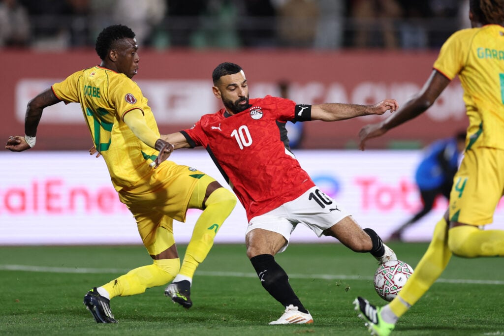 Egypt's forward #10 Mohamed Salah scores the team's second goal during the Africa Cup of Nations (CAN) group B football match between Egypt and Zimbabwe at Adrar Stadium in Agadir