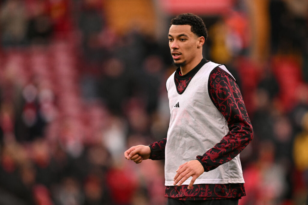 Hugo Ekitike warms up ahead of Liverpool's Premier League match against Wolverhampton Wanderers at Anfield