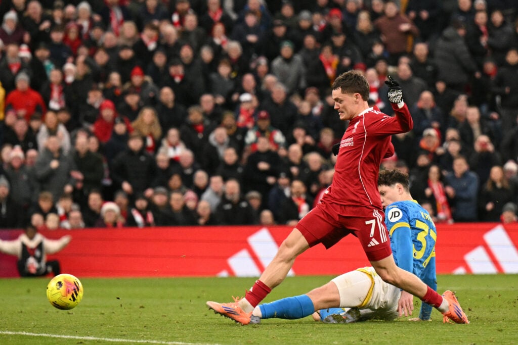 Florian Wirtz scores for Liverpool during their Premier League match against Wolves at Anfield.