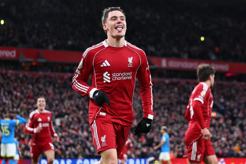 Florian Wirtz of Liverpool celebrates after scoring a goal to make it 2-0 during the Premier League match between Liverpool and Wolverhampton Wanderers at Anfield