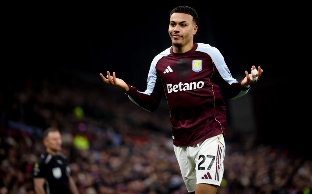 Morgan Rogers of Aston Villa celebrates his second goal during the Premier League match between Aston Villa and Manchester United at Villa Park