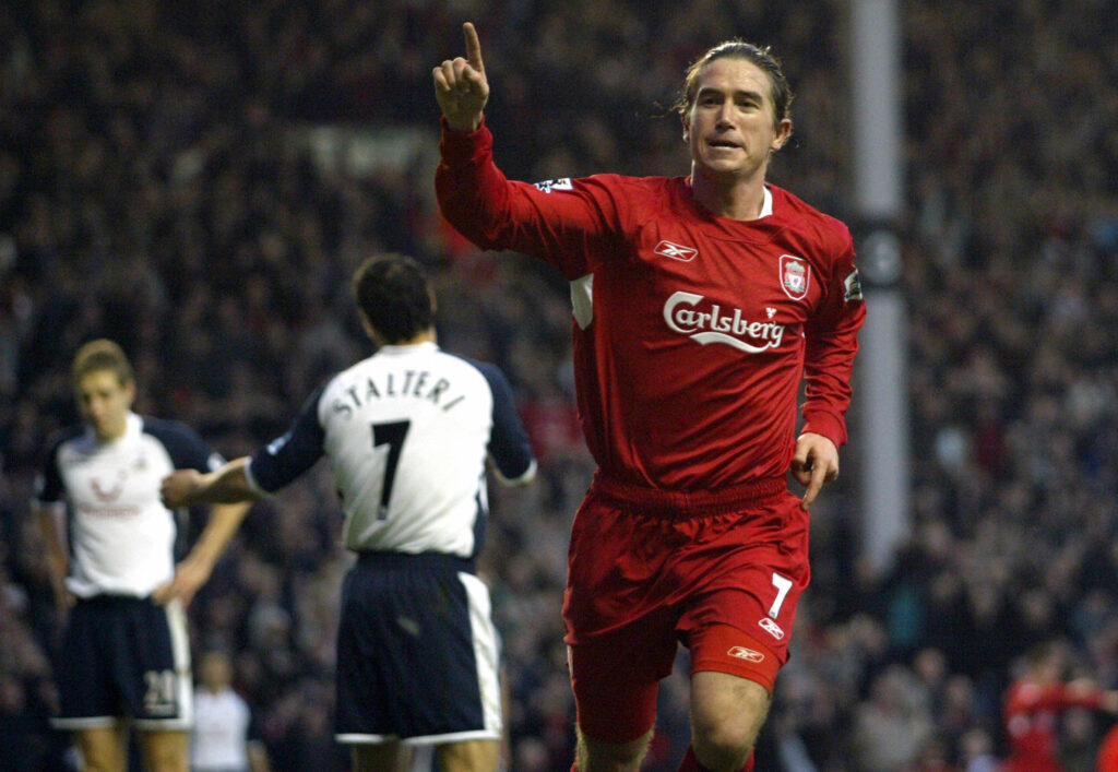 Harry Kewell celebrates after scoring for Liverpool against Tottenham Hotspur in the Premier League at White Hart Lane.