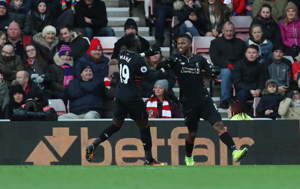 Sadio Mane and Daniel Sturridge celebrate after Sturridge scores for Liverpool against Sunderland in the Premier League at the Stadium of Light.