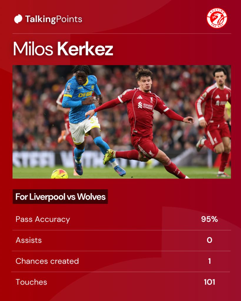Mateus Mane of Wolves runs at Milos Kerkez with the ball during Wolverhampton Wanderers' Premier League match against Liverpool at Anfield (Credit: Getty Images/Jan Kruger).
