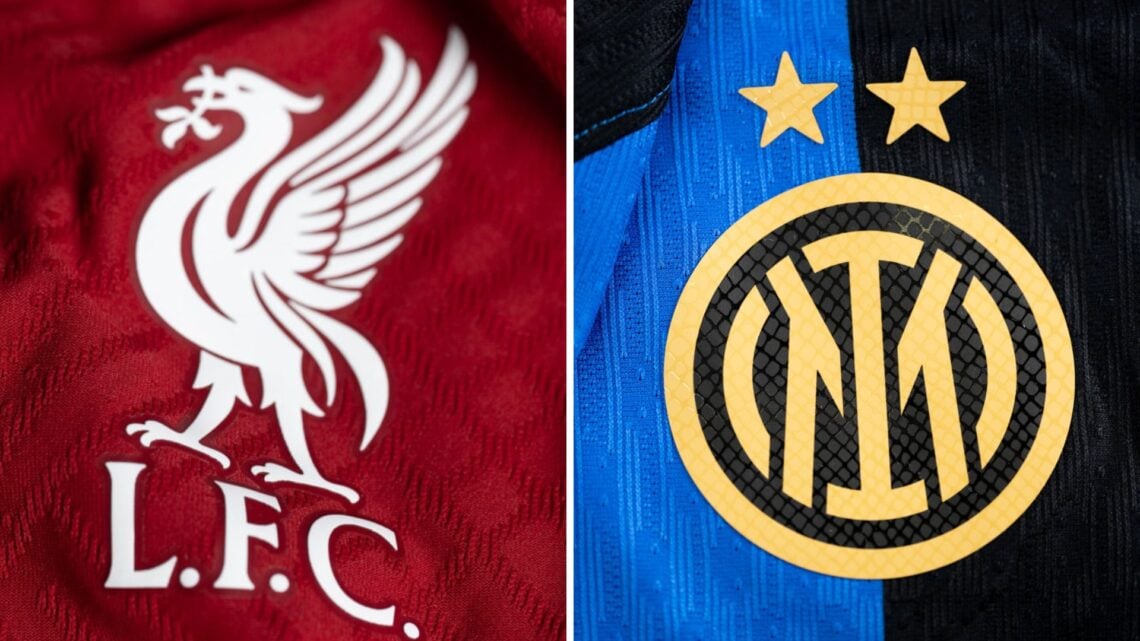 A detailed view of the badge of Liverpool FC during the UEFA Champions League 2022/23 Group Stage Teams Jerseys Shoot at UEFA Headquarters. A detai...