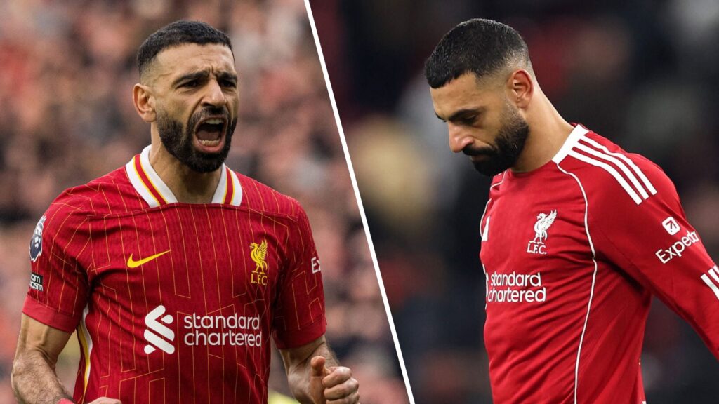 Mohamed Salah looks dejected during Liverpool's UEFA Champions League match against PSV Eindhoven at Anfield.