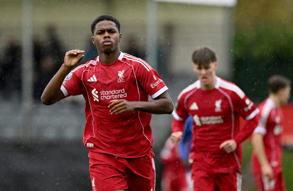 Keyrol Figueroa celebrates after scoring for Liverpool U21s during the match against Everton U21s in the Premier League 2