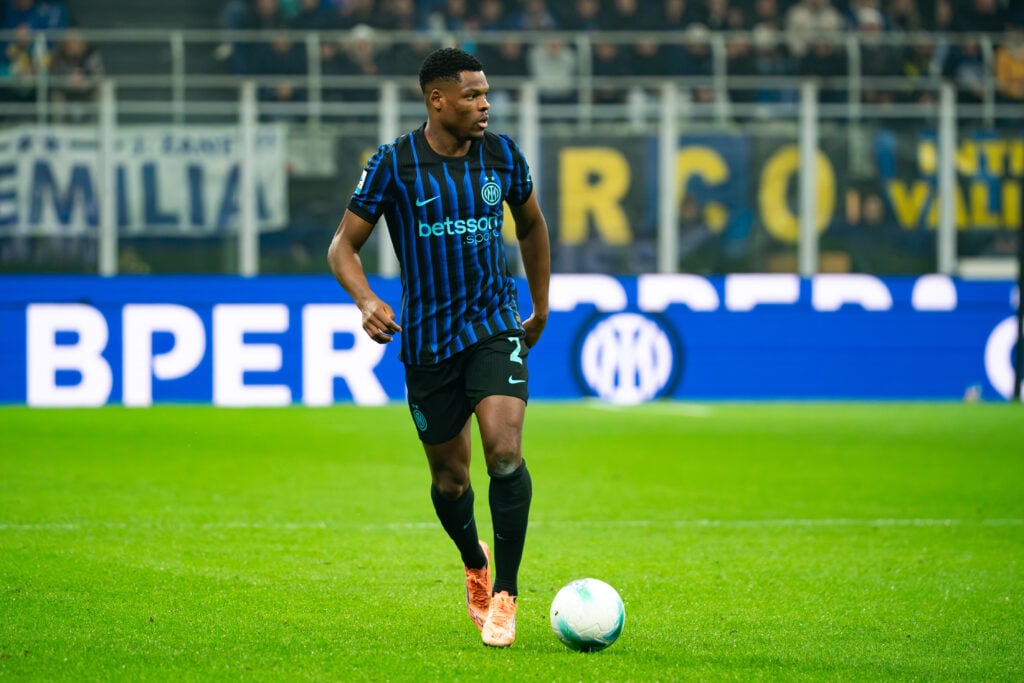 Denzel Dumfries pictured on the ball during Inter Milan's Serie A match against Lazio at San Siro