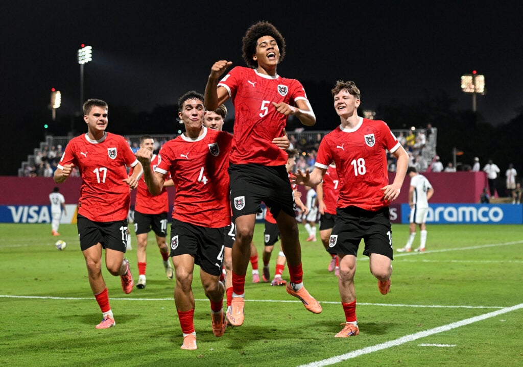 Ifeanyi Ndukwe celebrates after scoring for Austria during the FIFA U17 World Cup match against England.