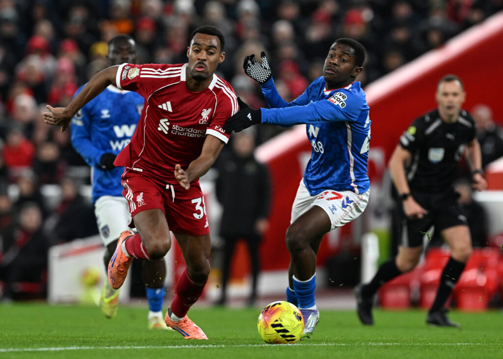 Noah Sadiki playing for Sunderland and Ryan Gravenberch for Liverpool