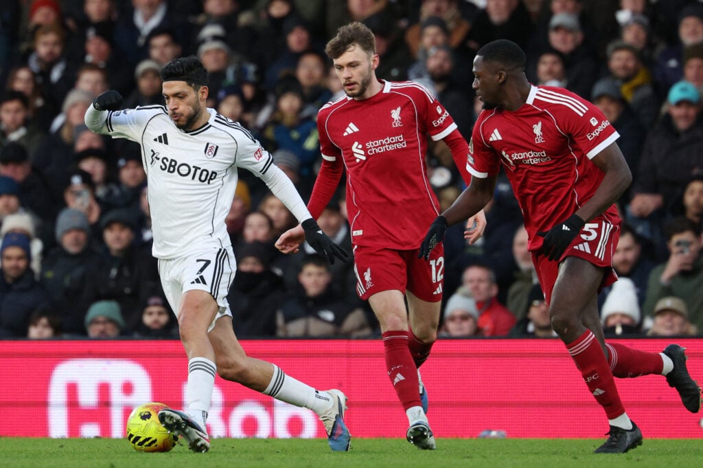 Raul Jimenez faced with Ibrahima Konate and Conor Bradley during Fulham's Premier League match against Liverpool at Craven Cottage