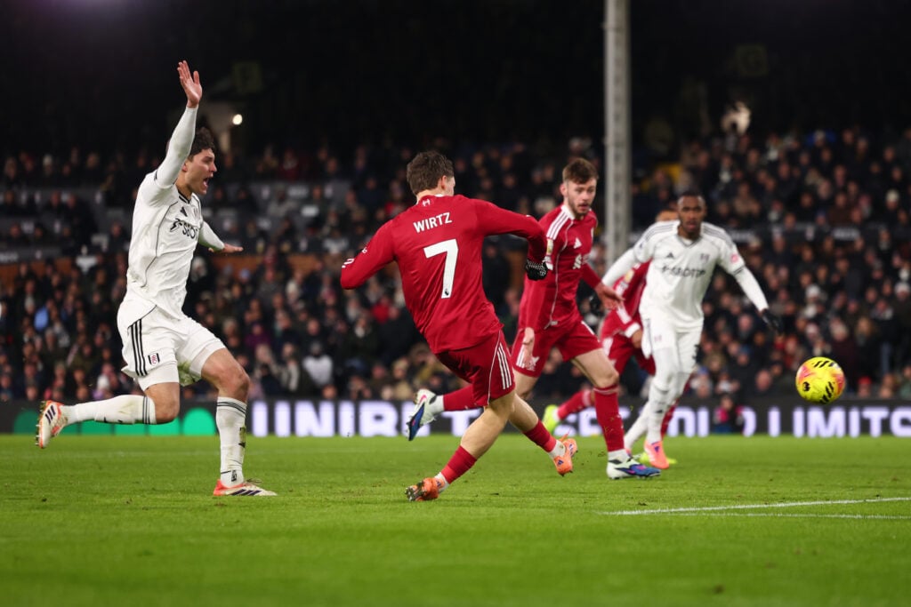 Florian Wirtz scores for Liverpool during their Premier League match against Fulham at Craven Cottage.
