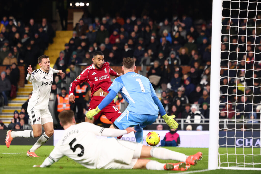 Cody Gakpo scores for Liverpool during their Premier League match against Fulham at Craven Cottage.