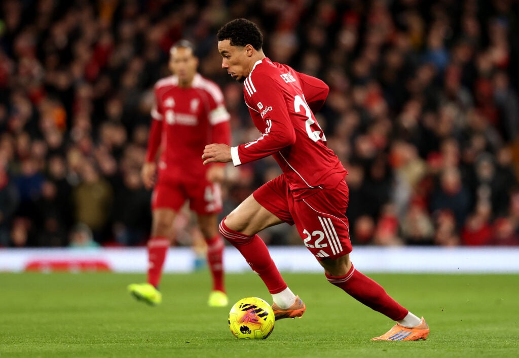 Hugo Ekitike of Liverpool runs with the ball during the Premier League match between Liverpool and Leeds United