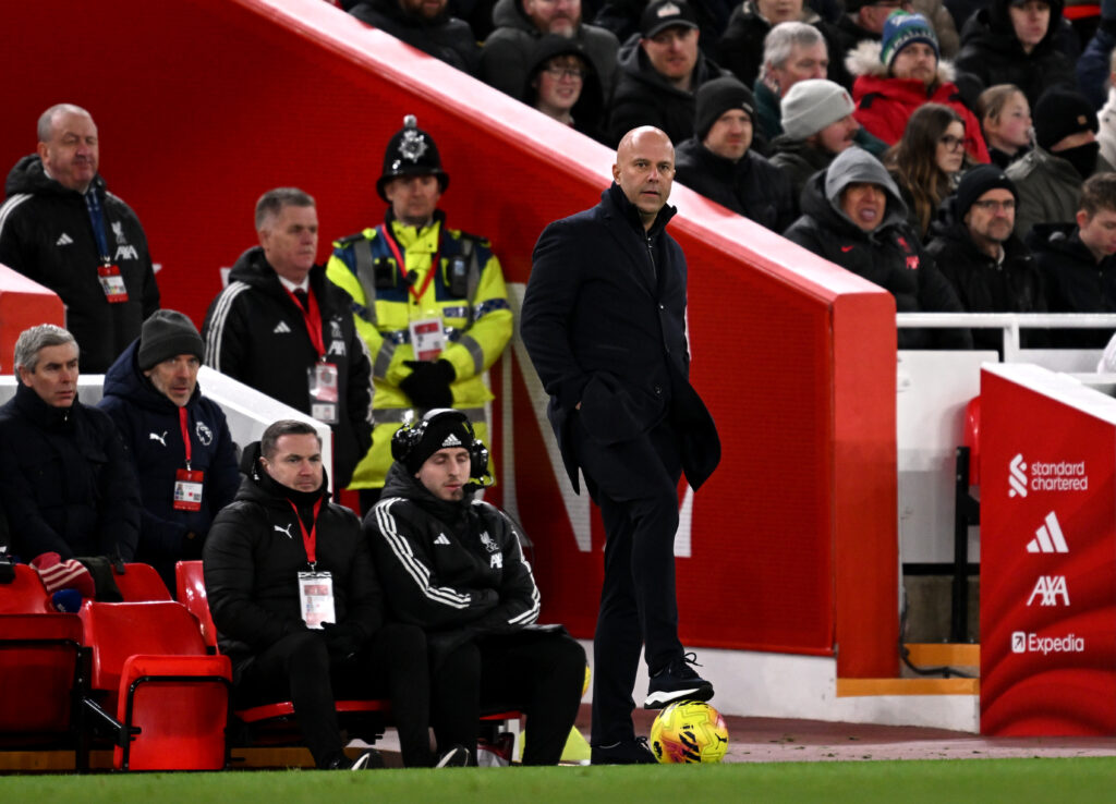 Arne Slot watches on during Liverpool's Premier League match against Leeds United at Anfield.