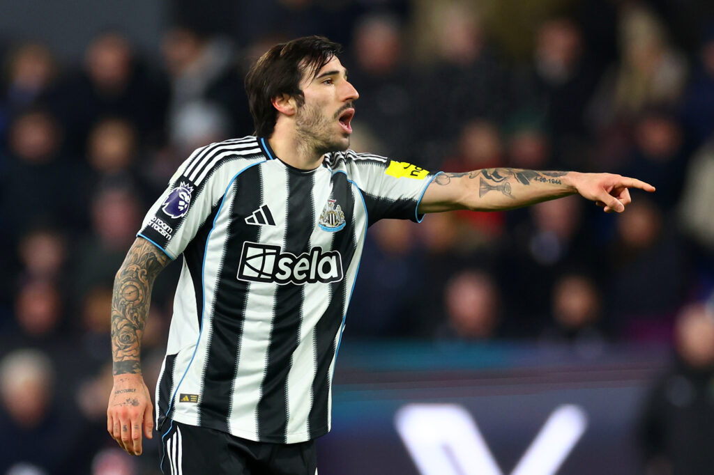 Sando Tonali points during Newcastle United's Premier League match against Burnley at Turf Moor