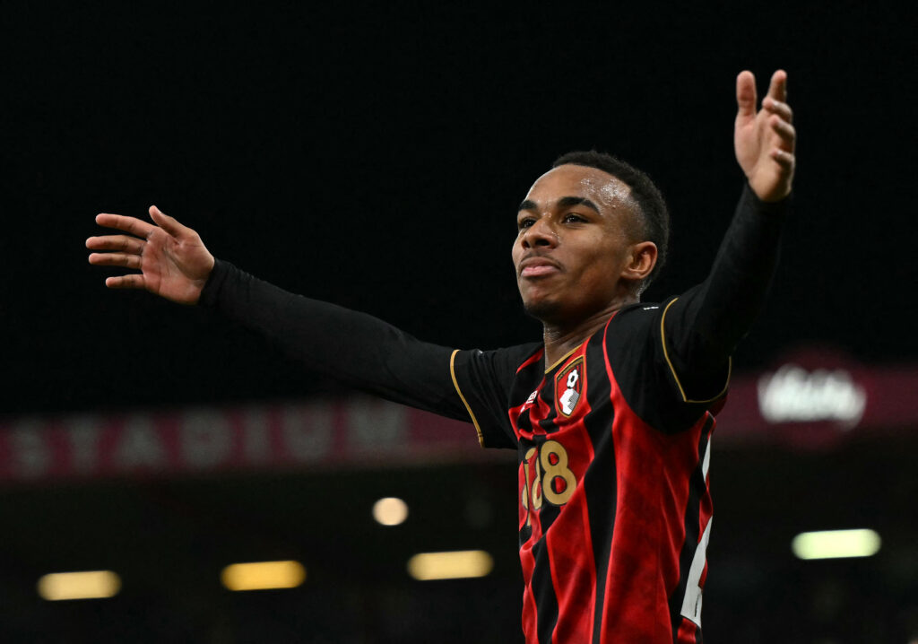 Bournemouth forward Eli Junior Kroupi celebrates after scoring during the Premier League match against Tottenham Hotspur at the Vitality Stadium.