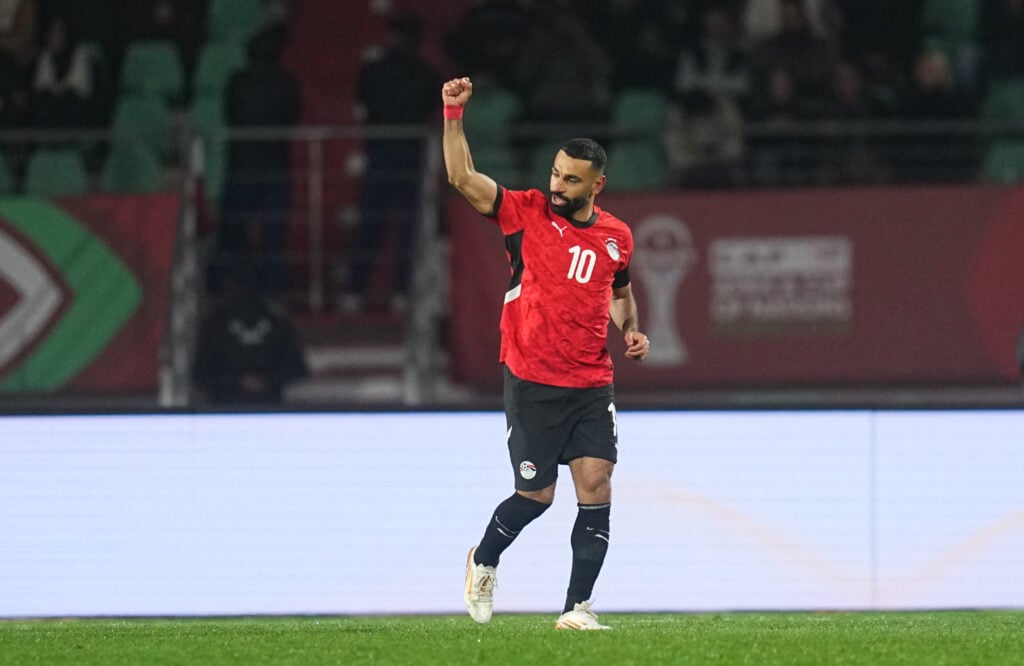 Mohamed Salah celebrates after scoring for Egypt during their Africa Cup of Nations quarter-final against Ivory Coast at the Grand Stadium
