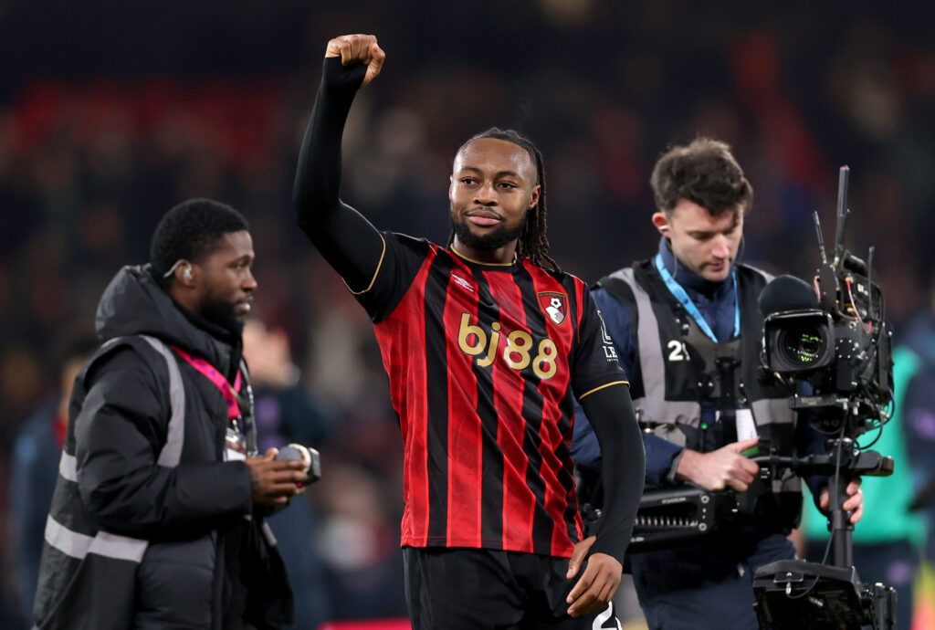 Antoine Semenyo salutes the Bournemouth crowd at full-time of their Premier League match against Tottenham Hotspur at the Vitality Stadium.