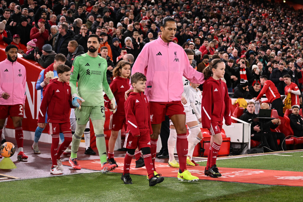 Virgil van Dijk leads Liverpool out at Anfield for the FA Cup tie against Barnsley at Anfield.