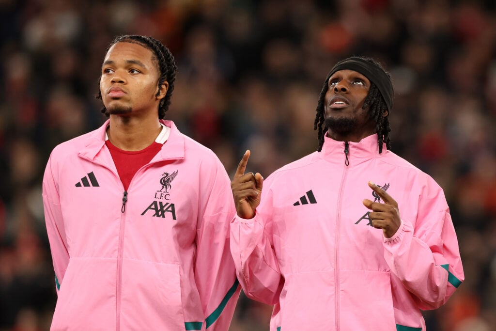 Rio Ngumoha and Jeremie Frimpong line up ahead of Liverpool's FA Cup tie against Barnsley at Anfield.