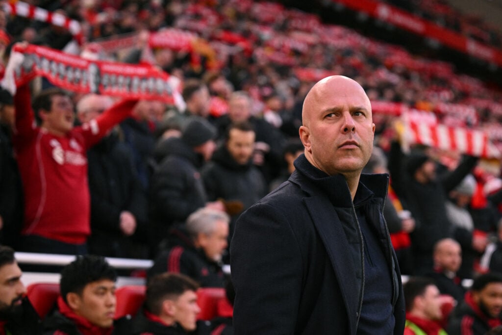Arne Slot looks on ahead of the English Premier League football match between Liverpool and Burnley