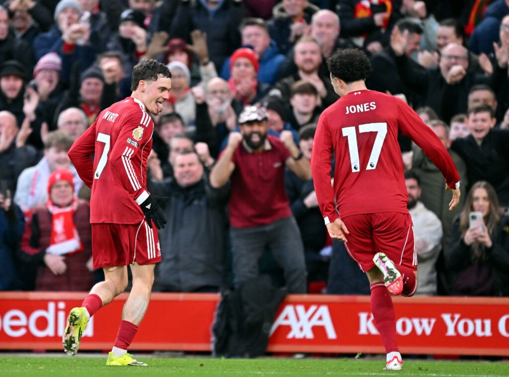 Florian Wirtz celebrates with Curtis Jones after scoring for Liverpool against Burnley in the Premier League.