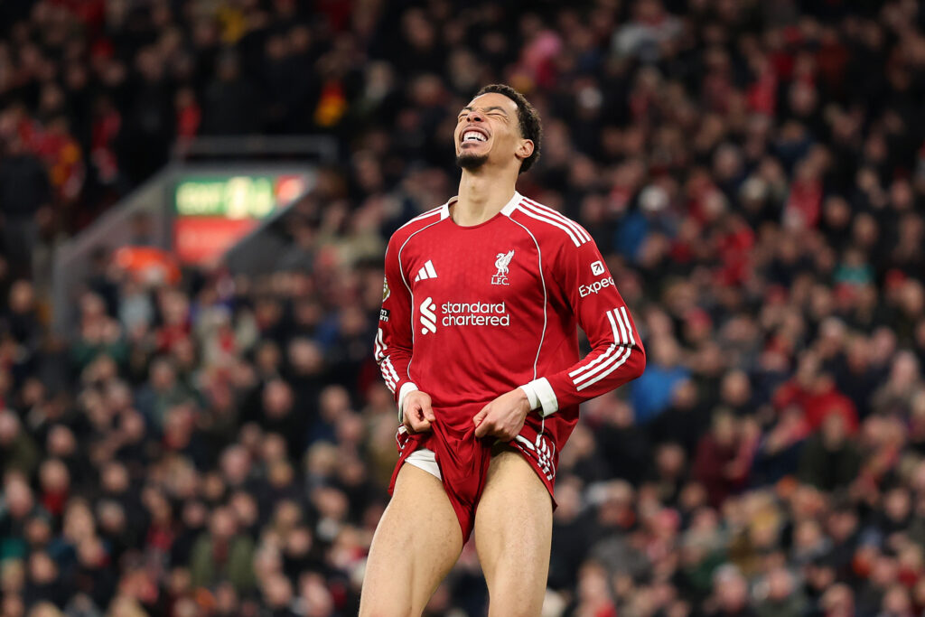 Hugo Ekitike tugs at his shorts in frustration after seeing his goal ruled out for offside during Liverpool's Premier League match against Burnley at Anfield