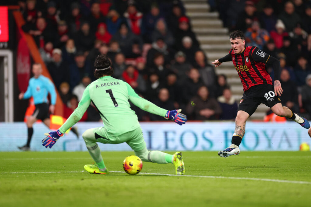 Alex Jimenez scores for Bournemouth during their Premier League match against Liverpool at the Vitality Stadium