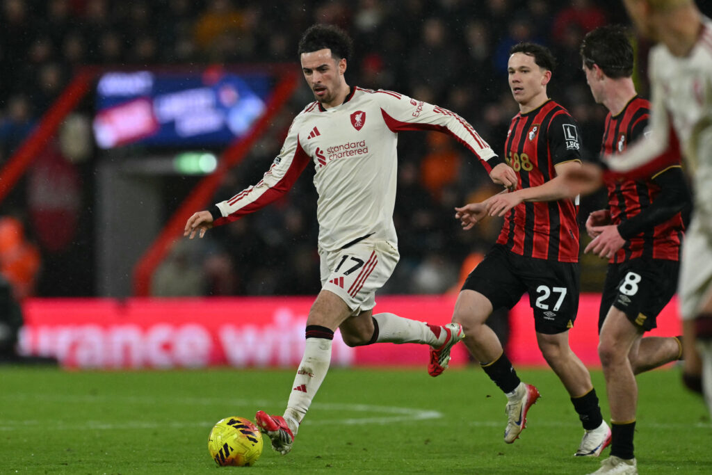 Curtis Jones runs with the ball during Liverpool's Premier League match against Bournemouth at the Vitality Stadium.