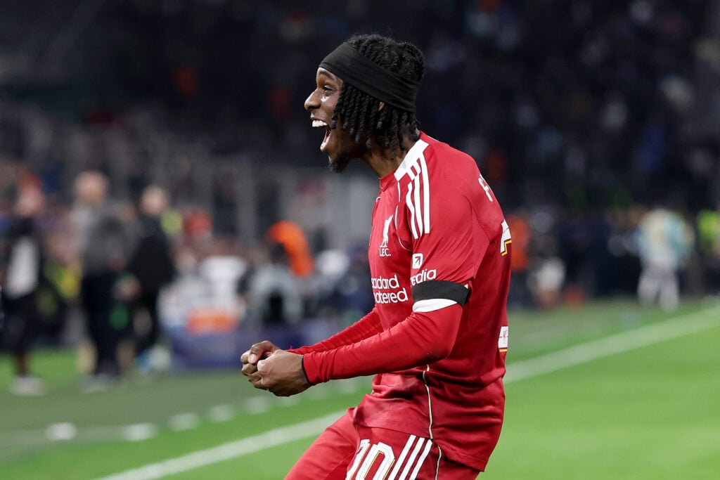 Jeremie Frimpong celebrates after Liverpool's second goal against Marseille in the UEFA Champions League match at Stade Velodrome