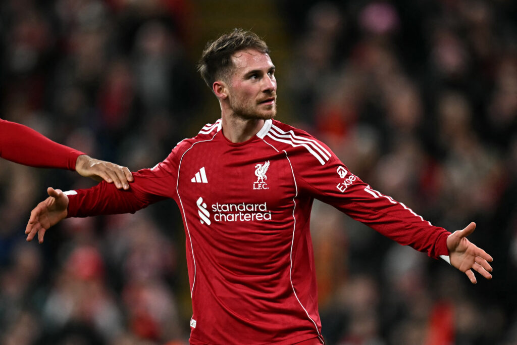 Alexis Mac Allister celebrates after scoring during Liverpool's UEFA Champions League match against Qarabag