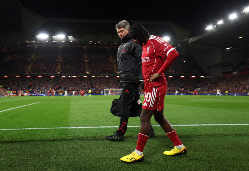 Jeremie Frimpong goes off injured during Liverpool vs Qarabag