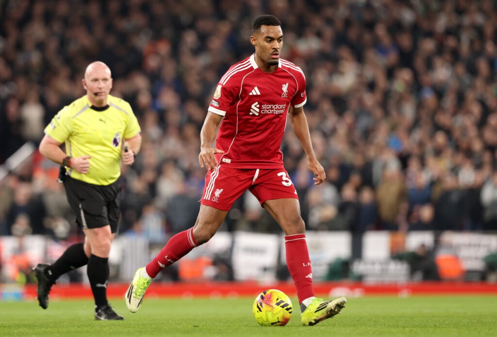 Ryan Gravenberch passes the ball for Liverpool during their Premier League match against Newcastle United at Anfield.