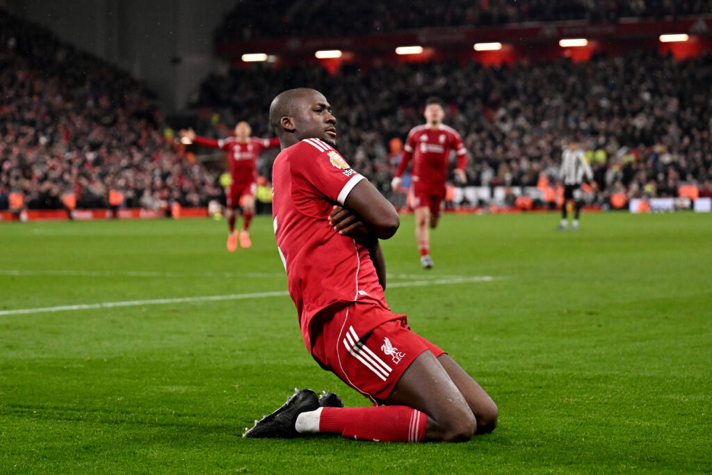 Ibrahima Konate celebrates Liverpool goal vs Newcastle