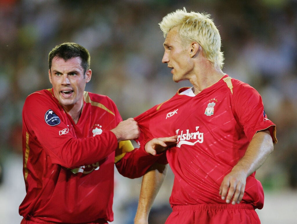 Jamie Carragher and Sami Hyypia playing for Liverpool
