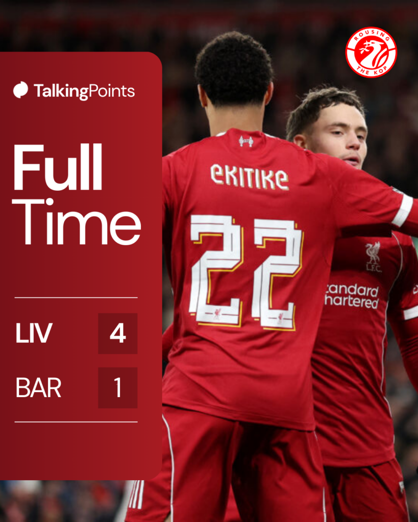 Florian Wirtz celebrates with Hugo Ekitike after scoring for Liverpool in the FA Cup against Barnsley at Anfield (Credit: Getty Images/Jan Kruger).