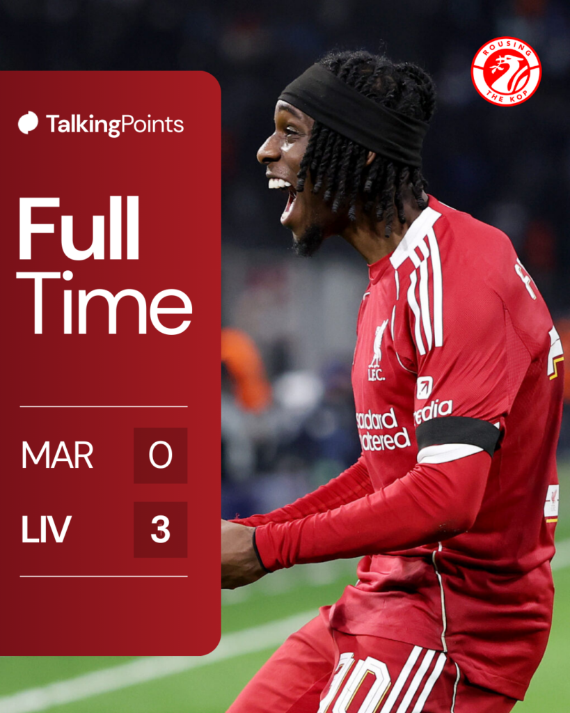 Jeremie Frimpong celebrates after forcing an own-goal during Liverpool's UEFA Champions League match against Marseille at the Stade Velodrome (Credit: Getty Images/Justin Setterfield).