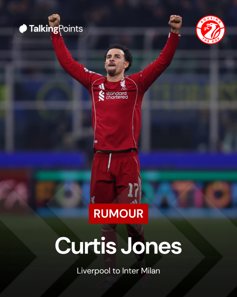 Curtis Jones raises his arms above his head in celebration at the final whistle of Liverpool's UEFA Champions League match against Inter Milan at San Siro (Credit: Getty Images/Marco Canoniero/LightRocket).
