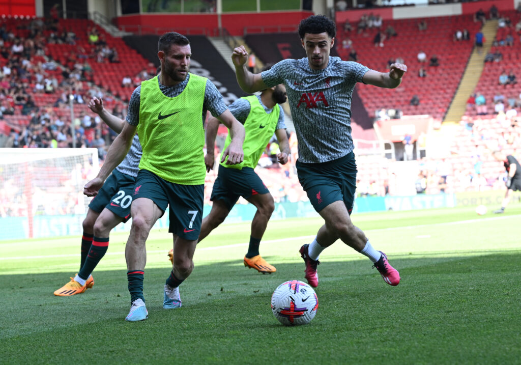 James Milner and Curtis Jones warm up ahead of Liverpool's Premier League match against Southampton at St Mary's Stadium