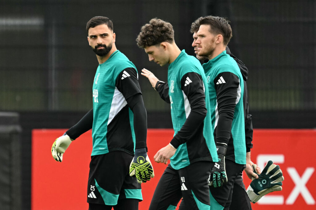 Armin Pecsi pictured in Liverpool training with Giorgi Mamardashvili and Freddie Woodman