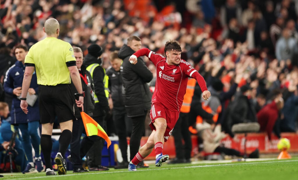 Milos Kerkez punches the air after assisting Hugo Ekitike to score for Liverpool during their Premier League match against Newcastle United at Anfield.
