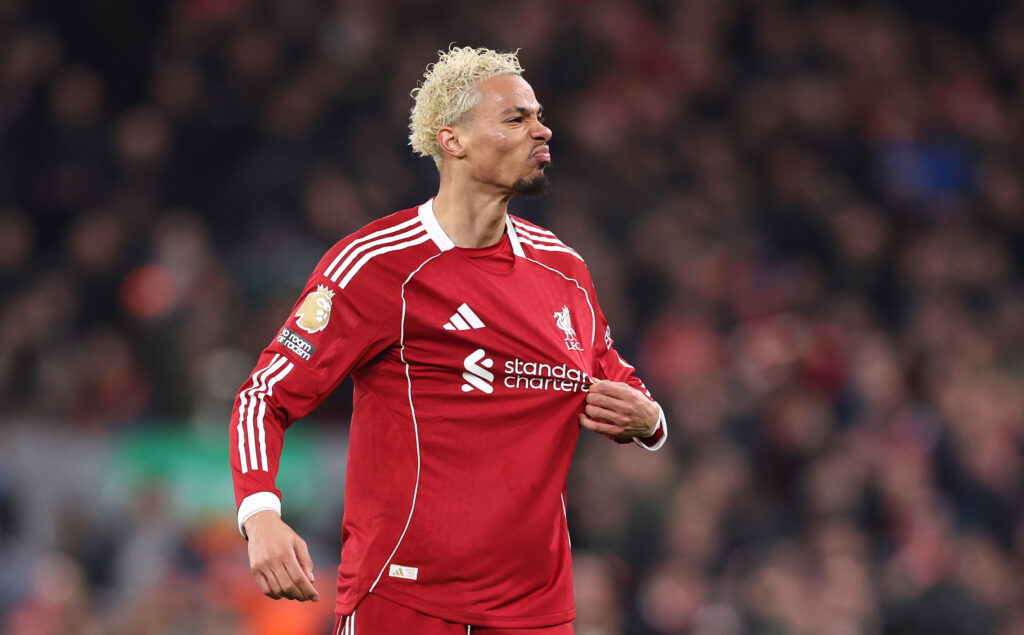 Hugo Ekitike gestures towards the Liverpool crowd after scoring during the Premier League match against Newcastle at Anfield.