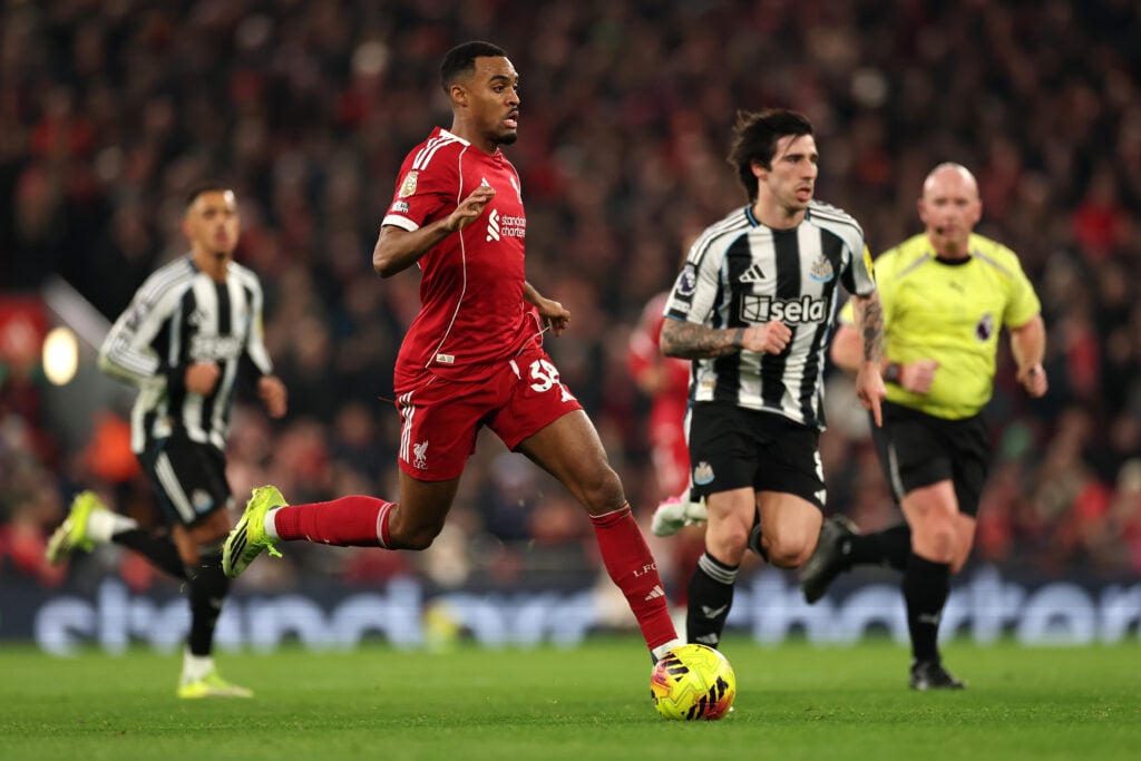 Ryan Gravenberch pictured running with the ball during Liverpool's Premier League match against Newcastle United at Anfield.